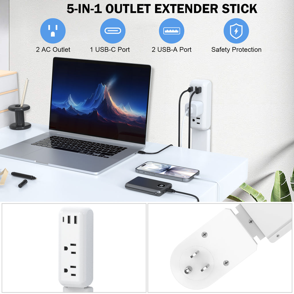 Electrical Outlet Extender Stick Power Strip with 180 Degree Swivel Arm, 23 to 34 Inch Adjustable Long Reach Wall Plug, 2 AC Outlets and 3 USB Ports for Bed Dorm Office Sofa
