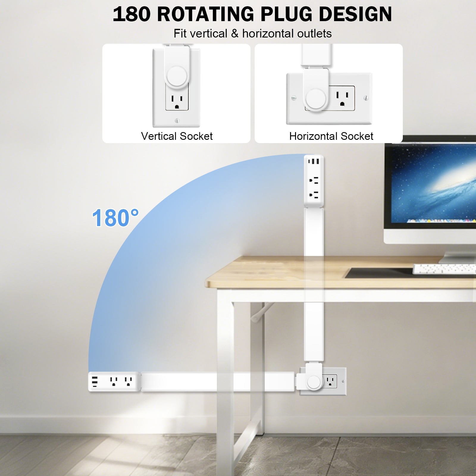 Electrical Outlet Extender Stick Power Strip with 180 Degree Swivel Arm, 23 to 34 Inch Adjustable Long Reach Wall Plug, 2 AC Outlets and 3 USB Ports for Bed Dorm Office Sofa