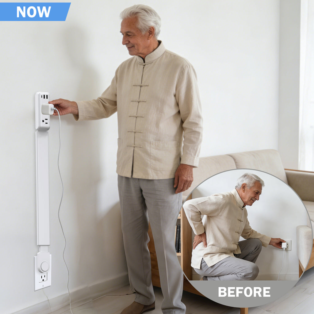 Electrical Outlet Extender Stick Power Strip with 180 Degree Swivel Arm, 23 to 34 Inch Adjustable Long Reach Wall Plug, 2 AC Outlets and 3 USB Ports for Bed Dorm Office Sofa